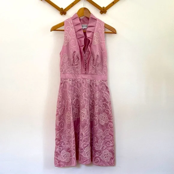 Kay Unger Dresses | Kay Unger Pink Silk Cotton Embroidered Ruffle Midi Dress Sz 2 | Color: Pink | Size: 2 | Kenzskit's Closet